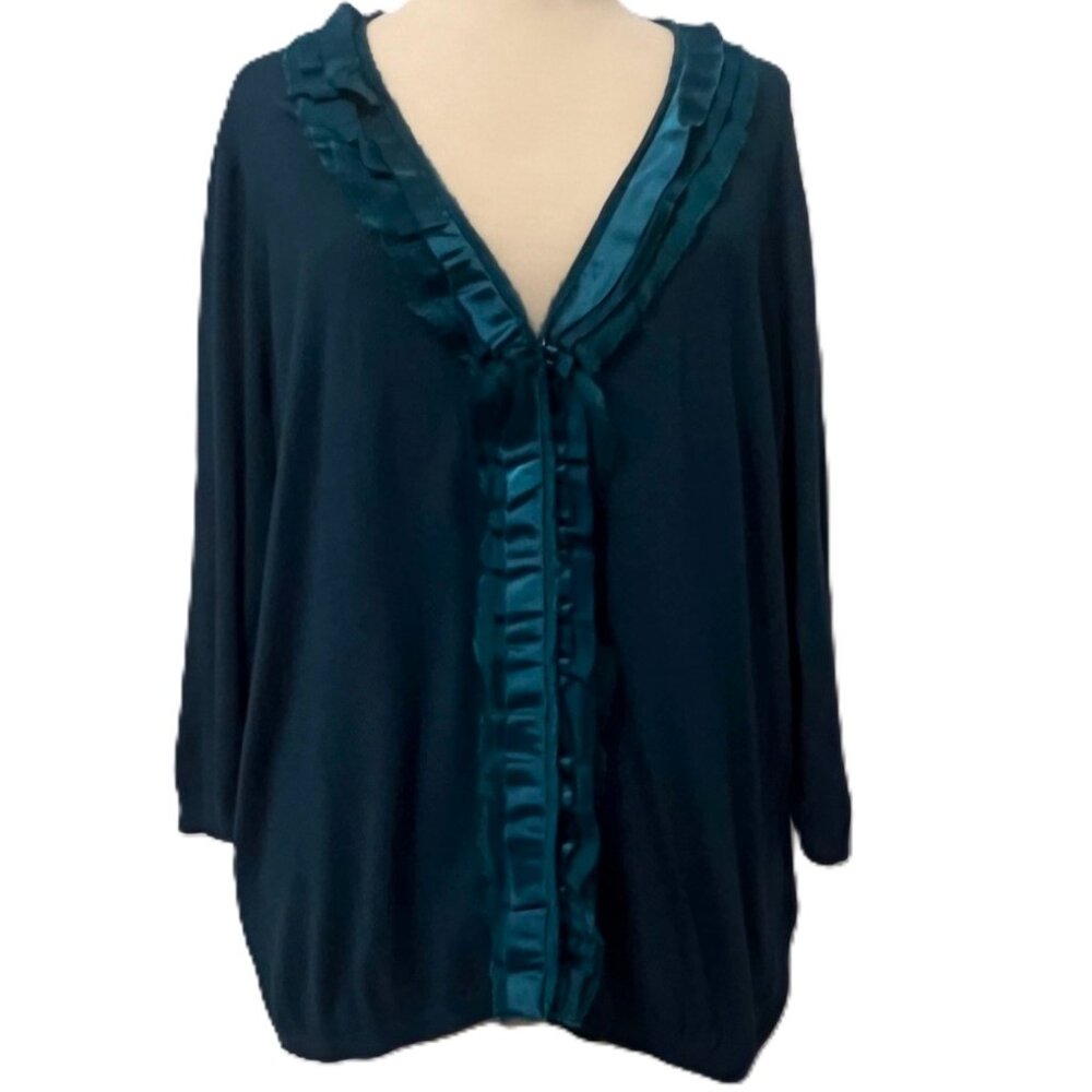 Tahari Woman 2X Ruffle Cardigan Womens Satin Trim Dressy Wrap Sweater Top